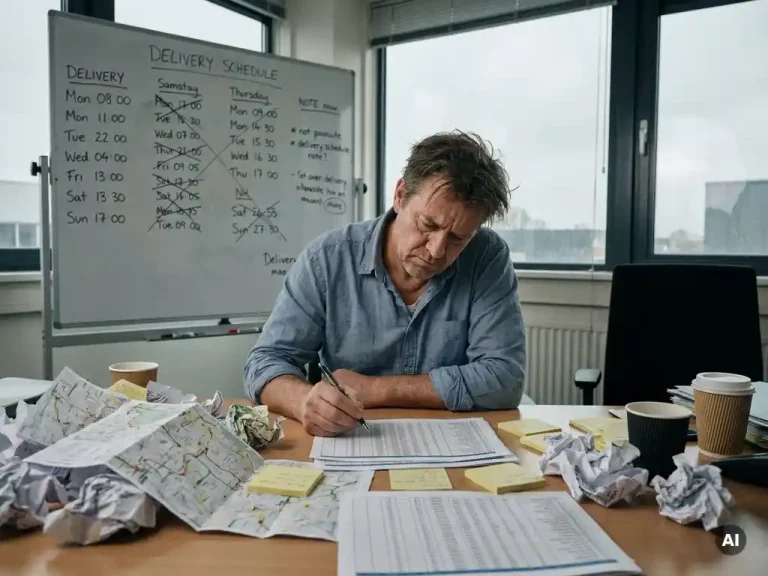 Gestresste logistiek planner aan rommelig bureau vol papieren, routekaarten en sticky notes, met een uitgeprinte spreadsheet in hand.
