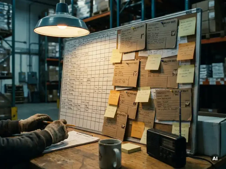 Dispatcher bekijkt bezorgroutes op een logistiek planningsbord met tijdvensternotities op een magazijnbureau.