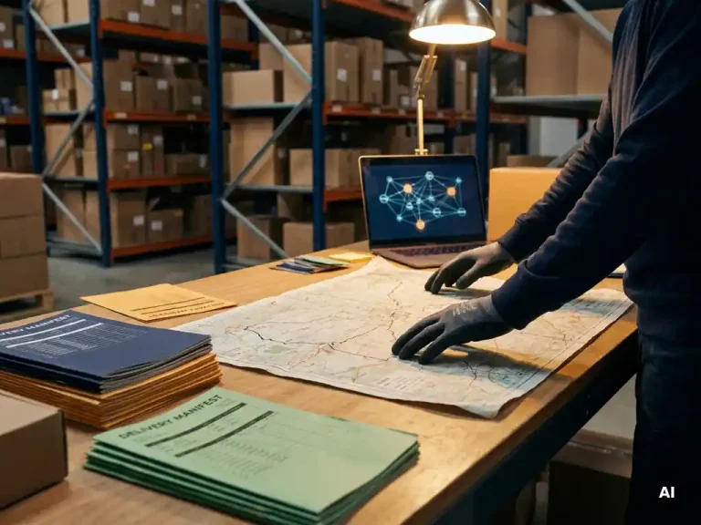 Logistiek planner bestudeert routekaart op magazijnbureau met kleurgecodeerde vrachtbrieven en laptop met transportnetwerk.