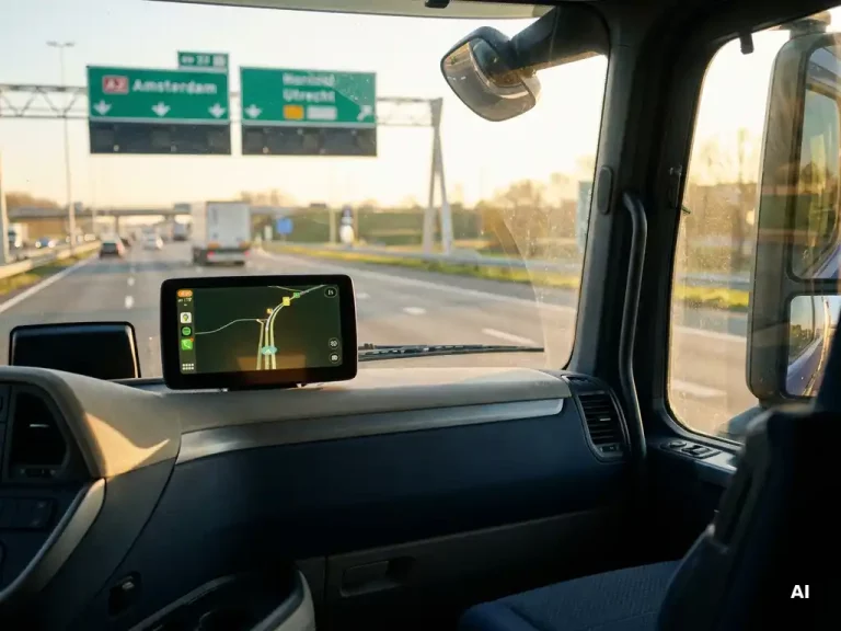 Logistieke vrachtwagen op Nederlandse snelweg tijdens het gouden uur, met routeoptimalisatie-dashboard op het instrumentenpaneel.