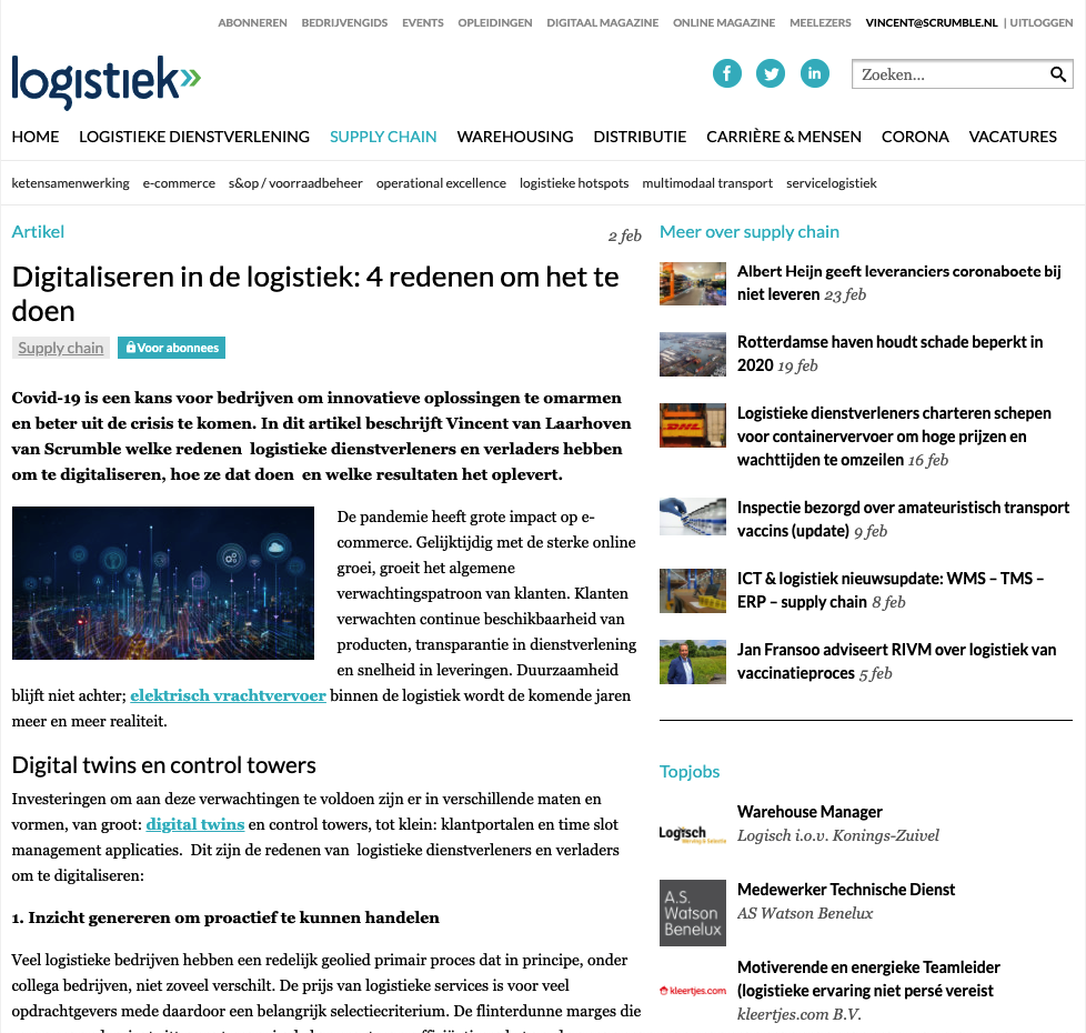 een foto van een artikel van logistiek.nl met de titel Digitaliseren in de logistiek: 4 redenen om het te doen.