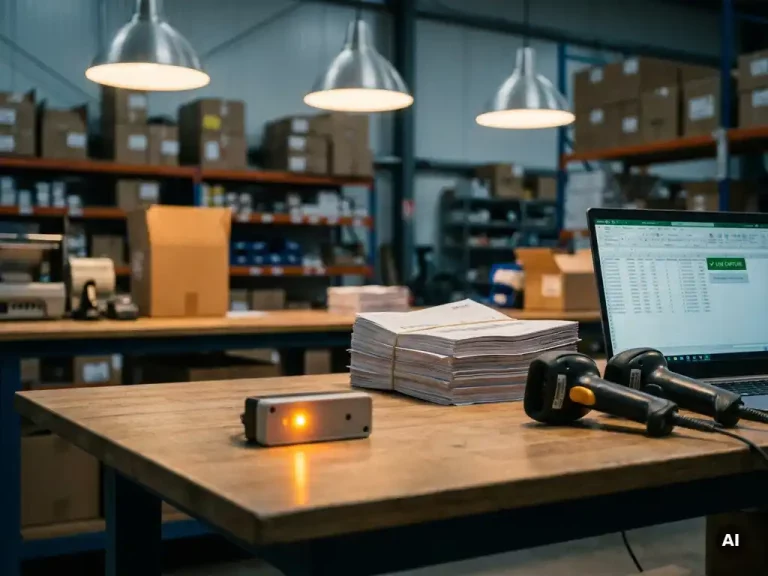 Opgeruimd magazijnbureau met verzendmanifesten, barcodescanners en laptop met spreadsheet, verlicht door warm barnsteengeel sensorlampje.