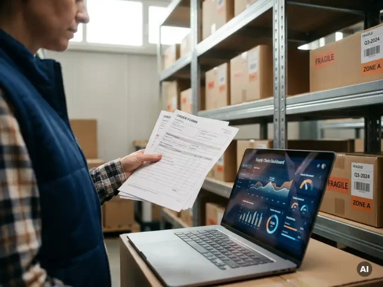 Logistiek coördinator voert gedrukte orderformulieren in op laptop met supply chain dashboard in magazijn.