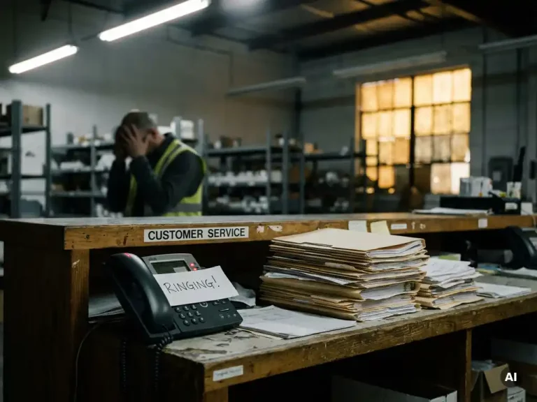 Onbemande klantenservicebalie in magazijn met rinkelende telefoon, stapel onverwerkte ordermappen en gestresste medewerker op achtergrond.