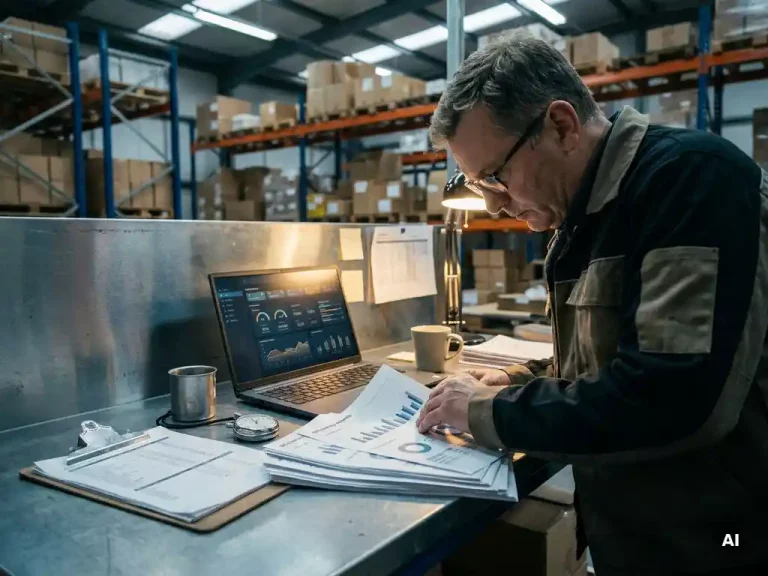 Magazijnmanager vergelijkt efficiëntierapport en laptop met calculatiedashboard op industrieel bureau, stopwatch en klembord nabij.