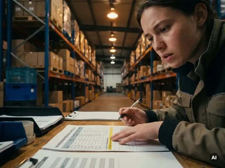 Junior supply chain planner buigt over een magazijnroutering, pen boven een AI-aanbeveling, met hoge metalen stellingen op de achtergrond.