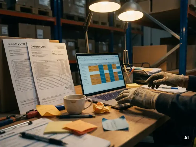 Magazijnplanner met handen boven bureau vol overlappende orderformulieren, laptop met planningsrooster, koffiekop en plakbriefjes.