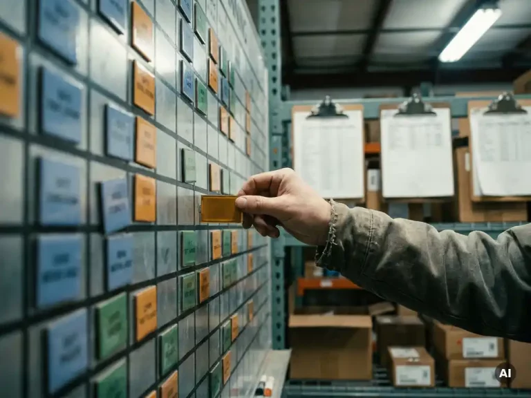 Hand die een verkeerd uitgelijnde magnetische plantegel op een kleurgecodeerd warehouseplanbord corrigeert, met industriële stellingen op de achtergrond.