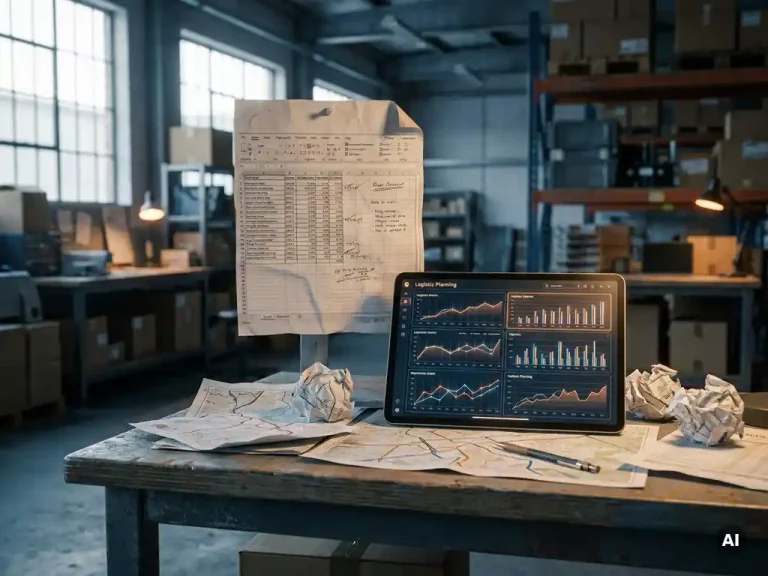 Verouderde Excel-uitdraai naast een modern planningsdashboard op een magazijnbureau, met logistieke documenten en een potlood.