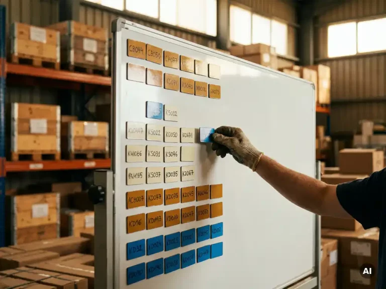 Magazijnplanner verschuift kleurgecodeerde bezorgroutekaarten op een magnetisch planningsbord, met industriële stellingen op de achtergrond.