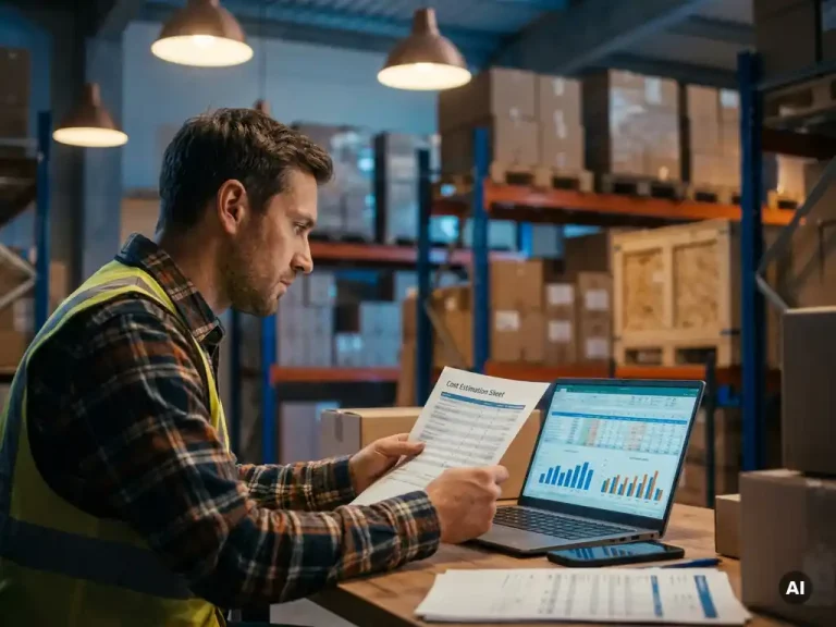 Magazijnmanager bestudeert kostenschatting naast laptop met voorraadoverzicht, palletrekken en dozen op de achtergrond.