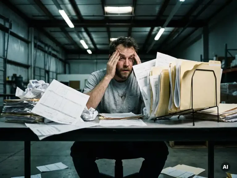 Magazijnmedewerker overweldigd door hoge stapels papieren bestelformulieren en mappen op een rommelig industrieel bureau.