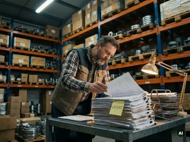 Magazijnbeheerder bekijkt stapel offerteaanvragen op stalen bureau, document met sticky note gemarkeerd, industriële stellingen op achtergrond.