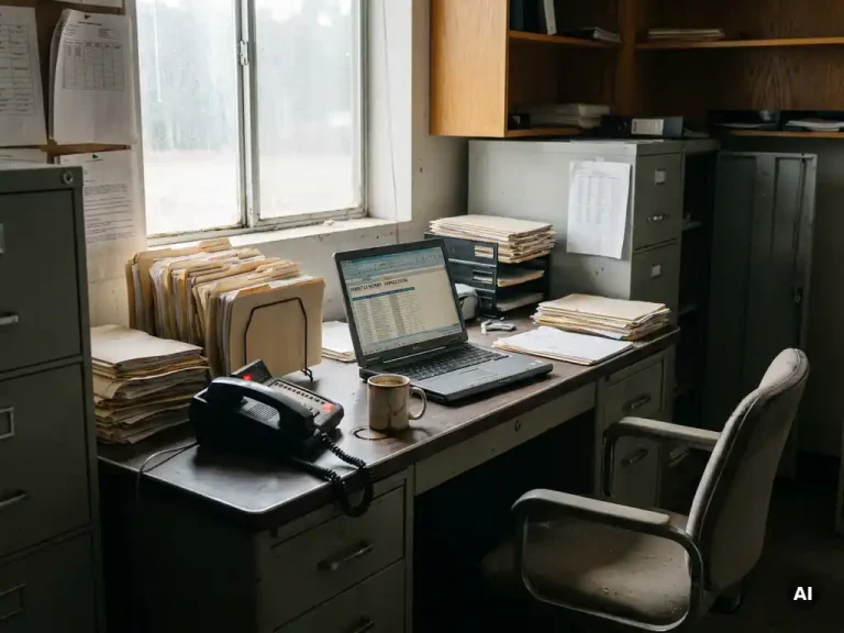 Verlaten industrieel kantoorbureau met onverwerkte ordermap stapels, een onbeantwoorde telefoon en koud geworden koffie naast een open logistieke spreadsheet.