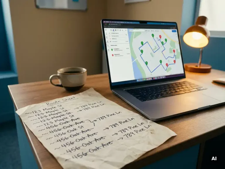 Versleten papieren routelijst met doorgestreepte adressen naast laptop met digitale bezorgkaart op logistiek bureau.