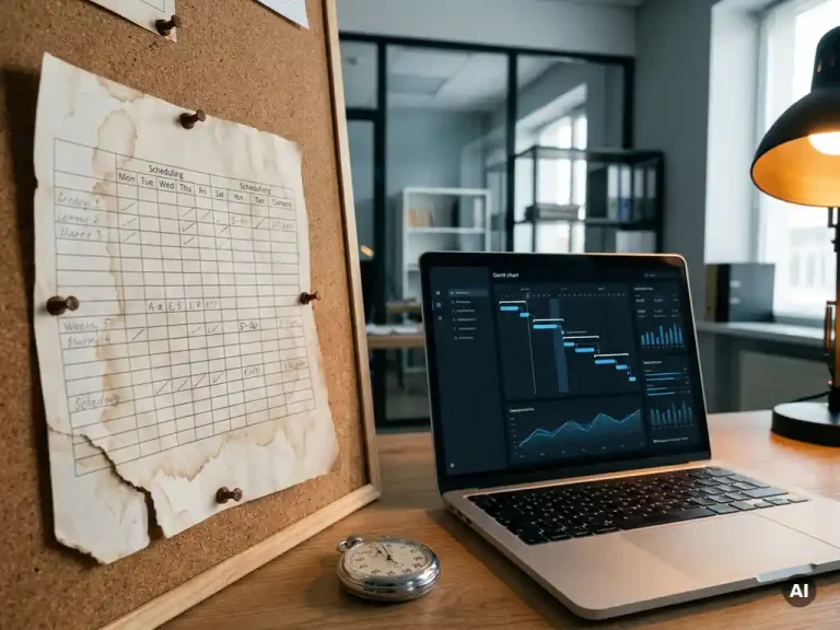 Verouderd papieren planningsrooster op kurkbord naast laptop met geautomatiseerde logistieke data en stopwatch op bureau.
