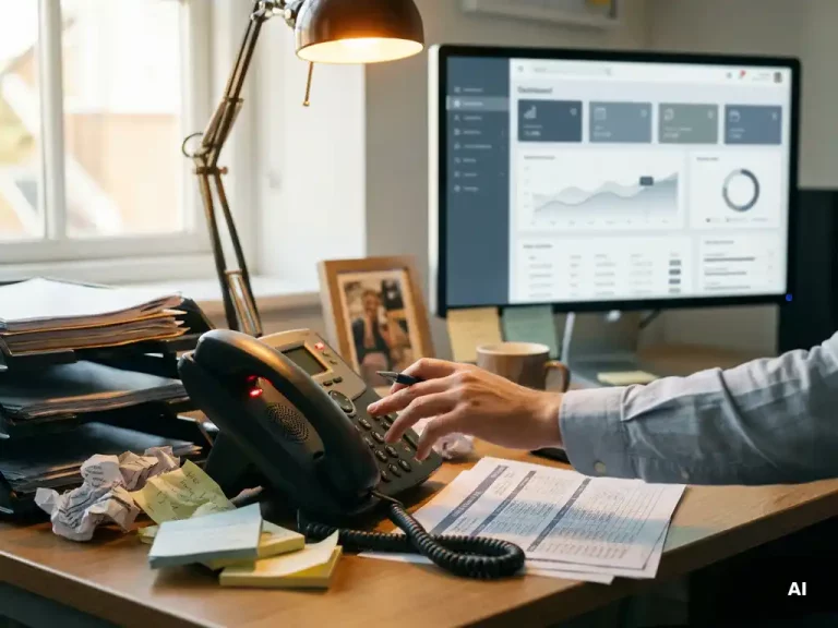 Logistiekplanner bureau bezaaid met telefoon en planbriefjes, op de achtergrond een helder digitaal planningsdashboard op monitor.