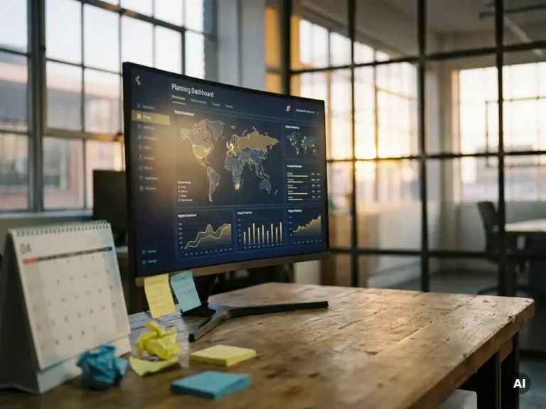Planningsdashboard op monitor in logistiek kantoor, met terzijde geschoven papieren kalender en sticky notes, warm amberkleurig licht.