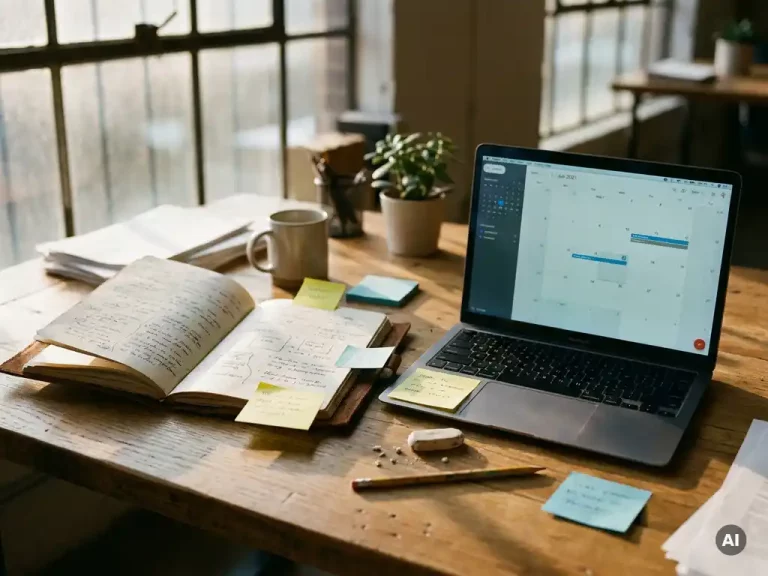 Verouderd planningsschrift van een senior planner naast laptop met planningsdashboard op kantoorbureau in magazijn, warm goudkleurig licht.
