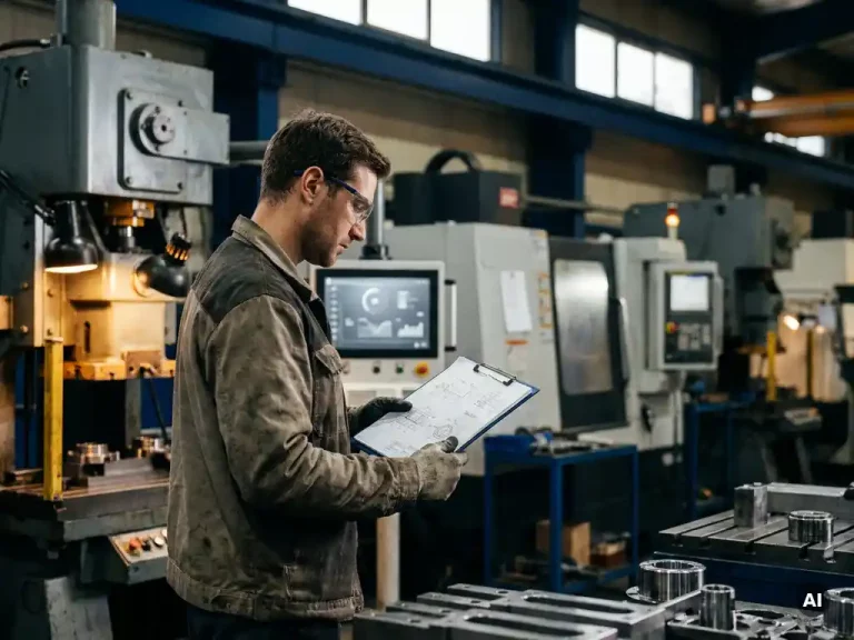 Productie-ingenieur bekijkt technisch offerteformulier op klembord in fabriek met AI-interface op monitor op de achtergrond.