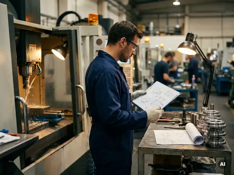 Productie-ingenieur bekijkt werkopdracht op klembord naast draaiende CNC-machine, metalen onderdelen en tekeningen op stalen werkbank.