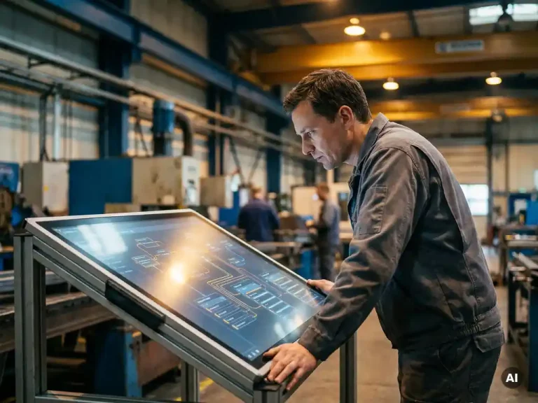 Productieplanner bestudeert digitaal planningsbord met geautomatiseerde workflowgrafieken op industriële fabriekslocatie.
