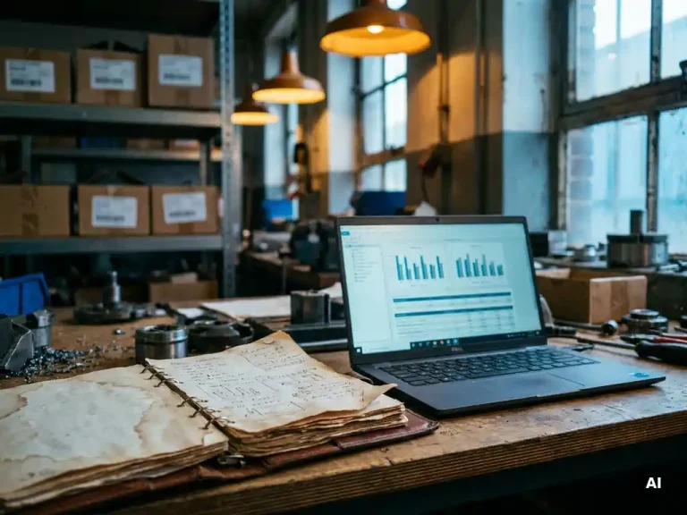 Versleten planningmap en laptop met productieschema's op een werkstation in een fabriek, metalen schappen op de achtergrond.