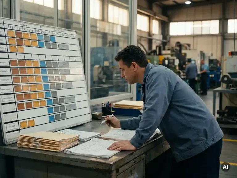 Productieplanner bekijkt kleurgecodeerd planningsbord met werkorders op industrieel bureau, fabrieksvloer zichtbaar op achtergrond.