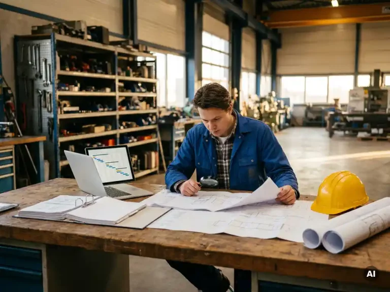 Projectmanager bestudeert productieplanning op industrieel bureau met laptop, bouwhelm en technische tekeningen in Nederlandse fabriek.