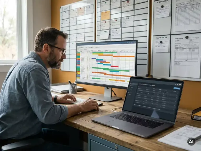 Ervaren supply chain planner bekijkt productieschema op groot scherm in modern industrieel kantoor met planningsborden op achtergrond.