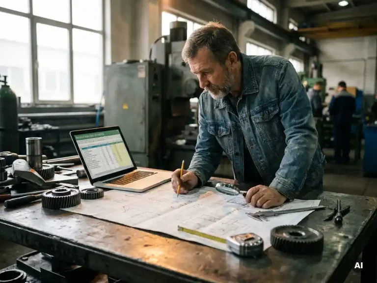 Industrieel planner bestudeert technische productietekening op stalen werktafel met laptop, meetgereedschap en metalen onderdelen.