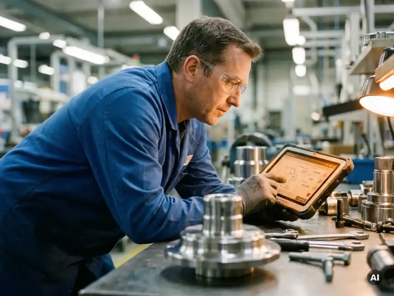 Fabrieksmedewerker met veiligheidsbril bekijkt digitale werkopdracht op industriële tablet, afgewerkt metalen onderdeel op stalen werkbank op de voorgrond.