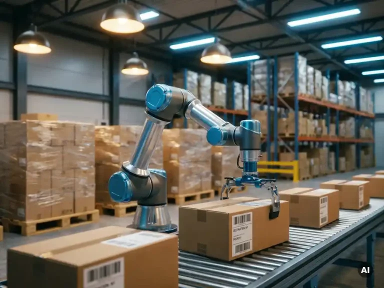 Robotarm sorteert verzendpakketten op een magazijntransportband, met palletrekken op de achtergrond in staal- en ambertinten.