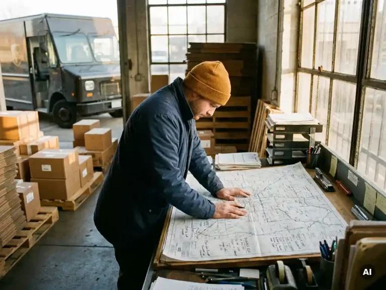 Logistiek planner bestudeert routekaart op expeditiebureau in magazijn, met gestapelde pallets en bezorgwagen op de achtergrond.