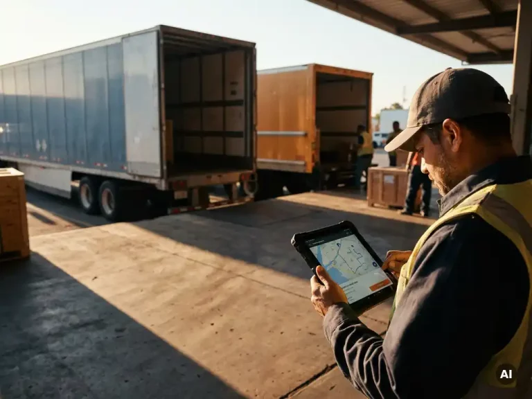 Twee bezorgwagens van verschillende bedrijven naast elkaar bij een druk laadperron, terwijl een dispatcher een digitale routeplanning bekijkt op een tablet.