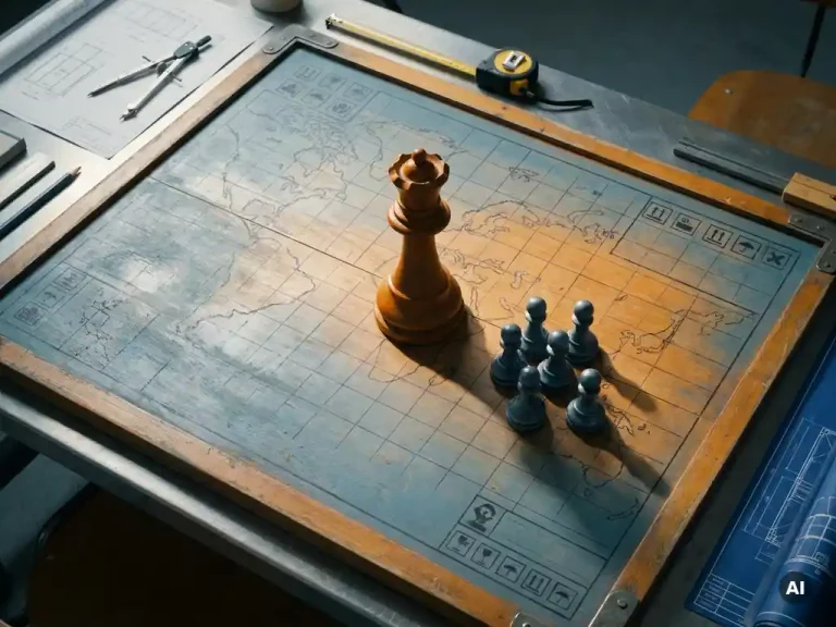 Schaakkoningin naast een groep pionnen op een logistiek planningsbord, bovenaanzicht in staal­blauw en amber tinten.