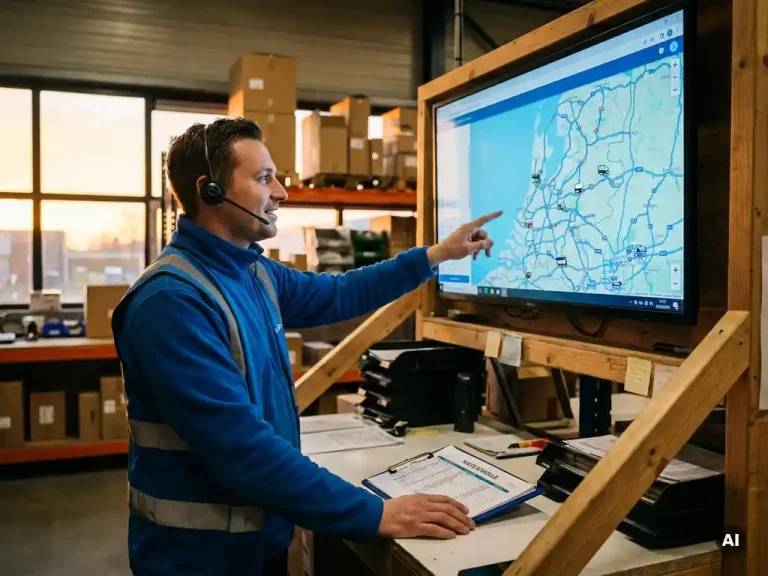 Logistiek dispatcher vergelijkt statisch routeschema met realtime vrachtwagenposities op digitaal scherm in Nederlands magazijn.