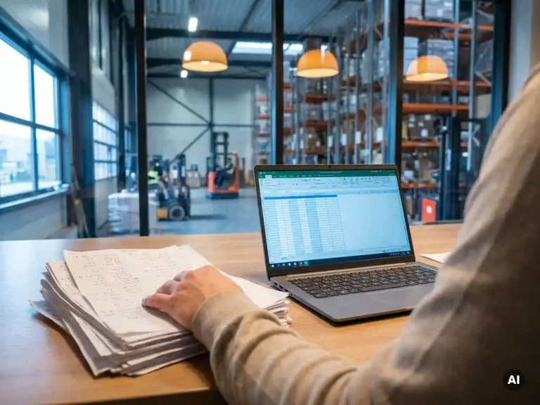Supply chain analist legt handgeschreven berekeningen opzij naast laptop met spreadsheetdata, magazijn zichtbaar op achtergrond.