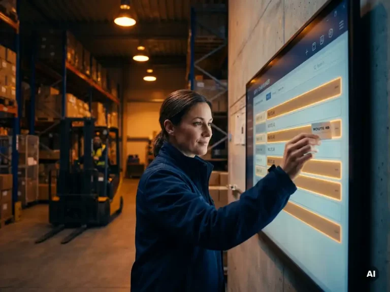 Supply chain planner past routekaart aan op digitaal planningsbord in magazijn, met stalen stellingen en heftruck op achtergrond.