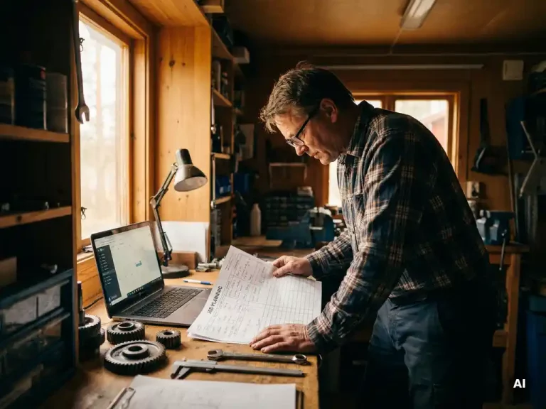 Technische ondernemer bekijkt jobplanningsblad op georganiseerde werkbank met laptop, metaalonderdelen en handgereedschap in warm licht.