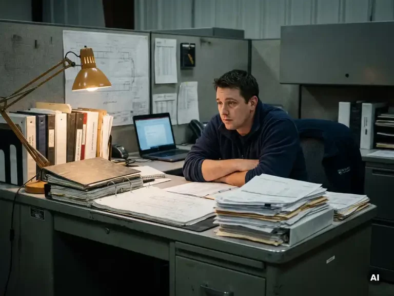 Technisch binnendienst medewerker aan rommelig bureau met stapels papieren orderformulieren en een moderne laptop onder bureaulamp.