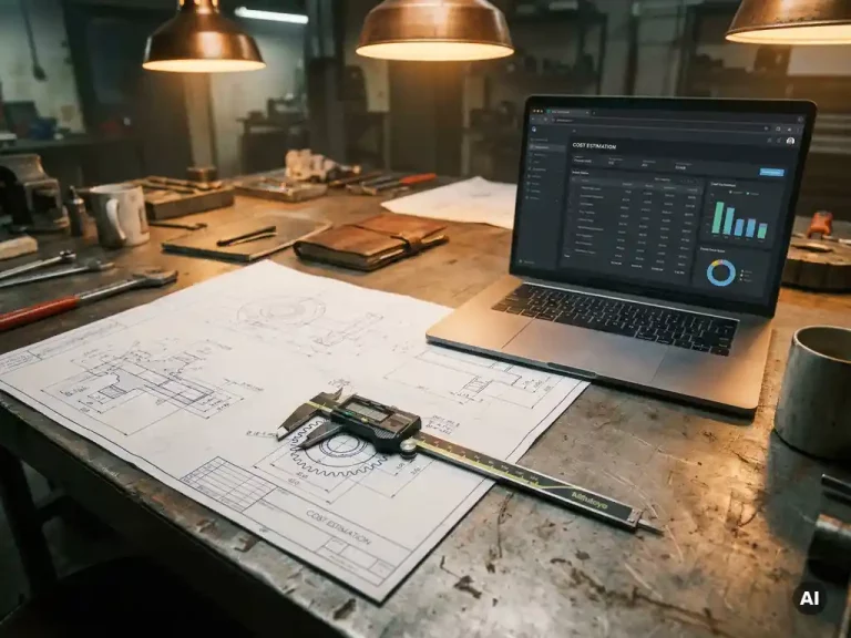Technische tekening op stalen werkbank met precisieklauwmaat op schemata en laptop met kostencalculatie-interface, verlicht door warm industrieel licht.