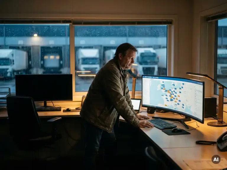 Transportdispatcher aan logistiek controlepaneel met routeplanningsscherm, lege werkplek naast hem, laaddokken zichtbaar op achtergrond.