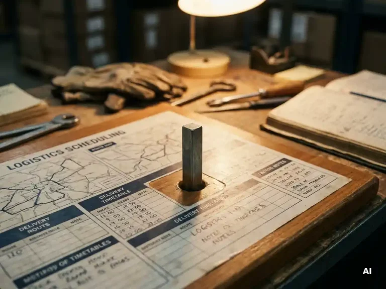 Metalen vierkante pen die tegen een ronde opening op een logistiek planningsbord met routekaarten wordt gedrukt.