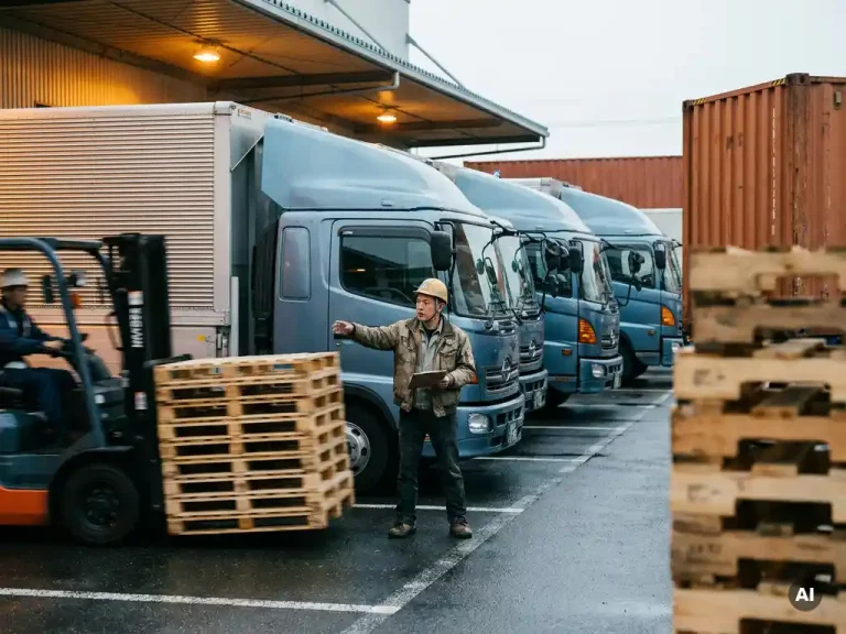 Dispatcher met klembord bestudeert vertrekschema's bij laaddok, omringd door vrachtwagens, pallets en heftruck.