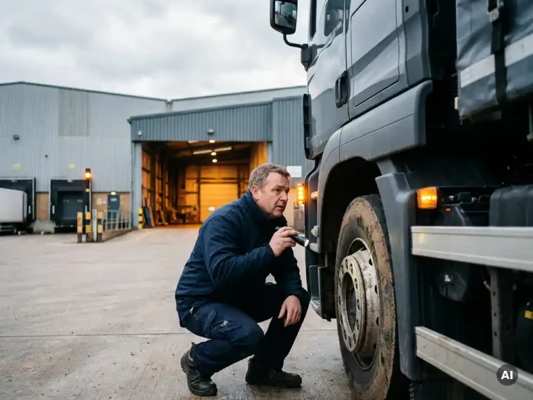 Vlootbeheerder inspecteert wiel van stilstaande vrachtwagen bij industrieel laaddok onder bewolkte hemel.
