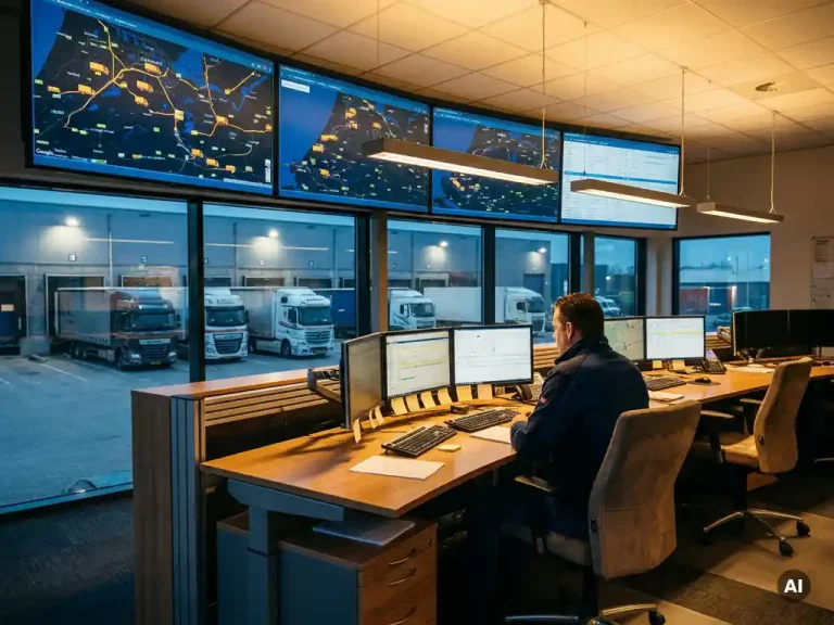 Logistiek dispatcher bewaakt live vrachtwagenroutes op dashboardscherm in modern Nederlands distributiecentrum, trucks zichtbaar op achtergrond.