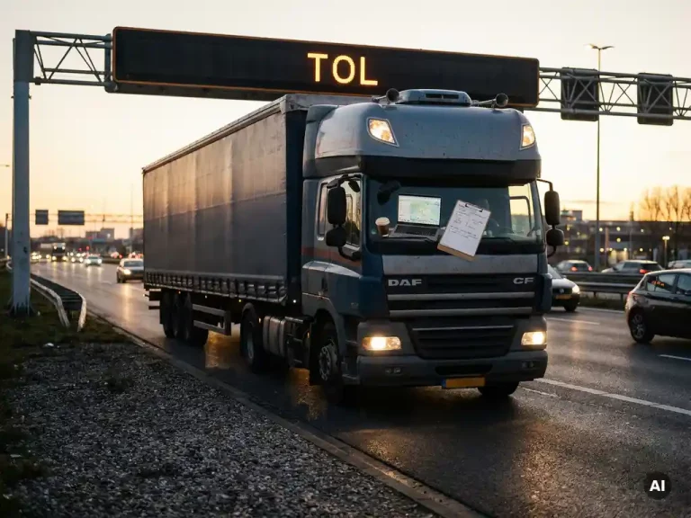 Vrachtwagen op Nederlandse snelweg bij schemering, met tolportaal en routedocumenten op de passagiersstoel.