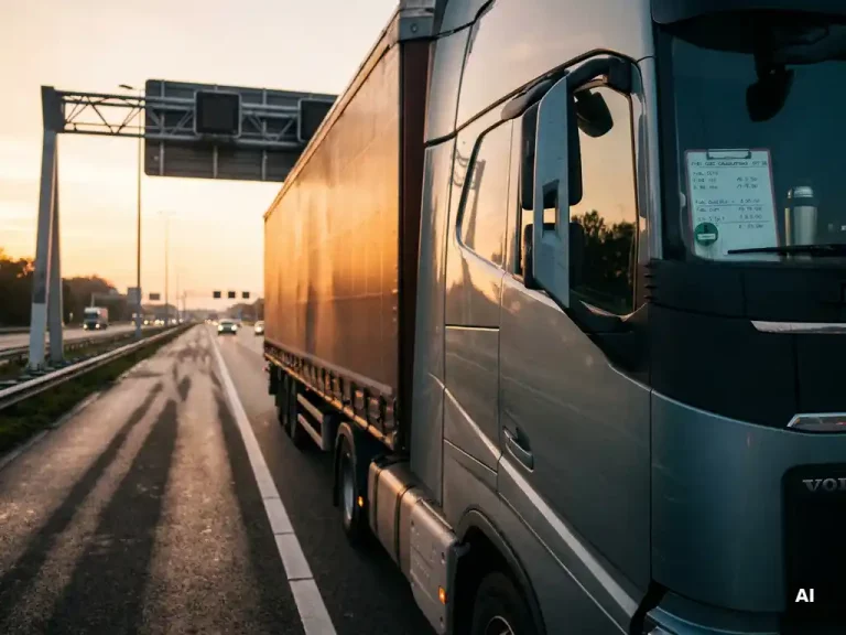 Vrachtwagen op Nederlandse snelweg bij schemering, met tolportaal en klembord met brandstofkosten op passagiersstoel.