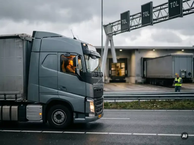 Vrachtwagen rijdt onder tolportaal op Nederlandse snelweg, bestuurder zichtbaar achter voorruit, bewolkte lucht op de achtergrond.